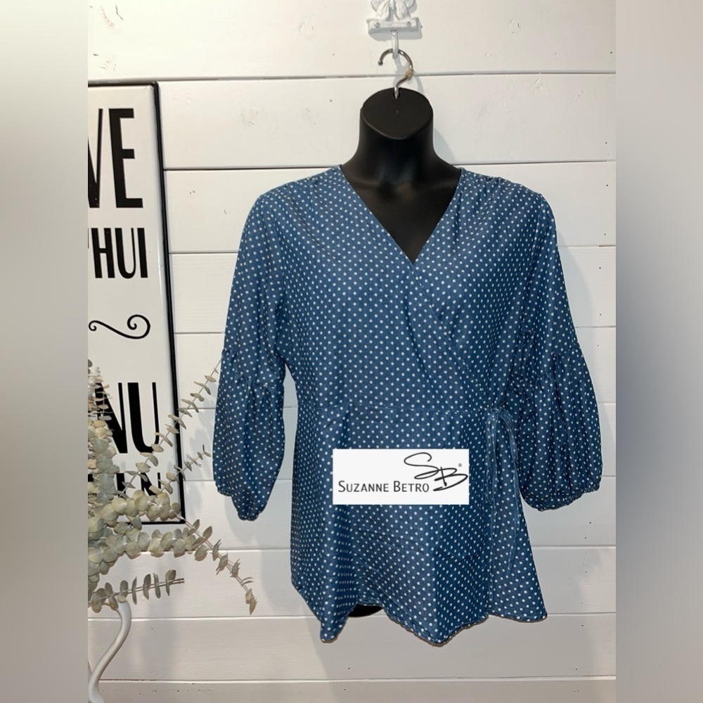 SUZANNE BETRO, beautiful denim blue and white polka dot crossover  blouse 2x